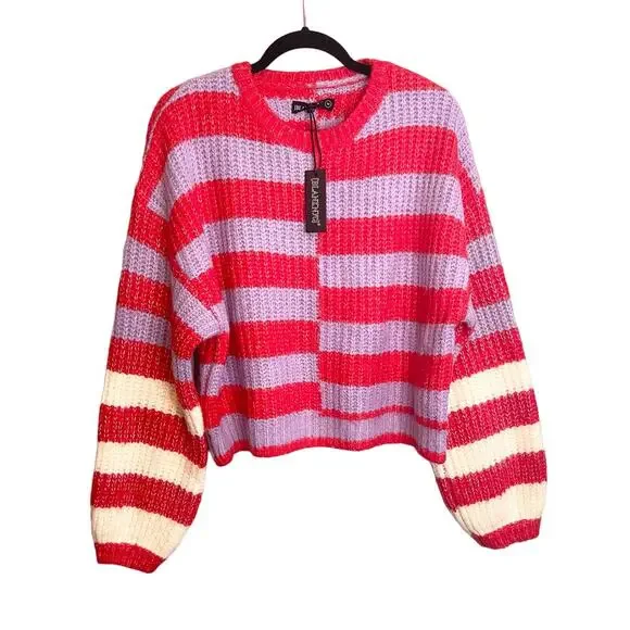 BLANK NYC Good Mood Sweater Medium Red Wool Blend Colorblock Striped Cozy NWT - Picture 4 of 11